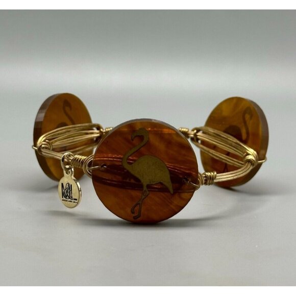 3/$30 Bourbon & Boweties Bracelet Gold Tone Brown Flamingo Moon Lula Wired 7.75" - Picture 1 of 9